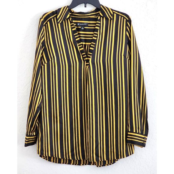 Top/Blouse-INC-International Concepts-Black-Gold-Striped-Long Sleeves-Long Top-M - Picture 1 of 16